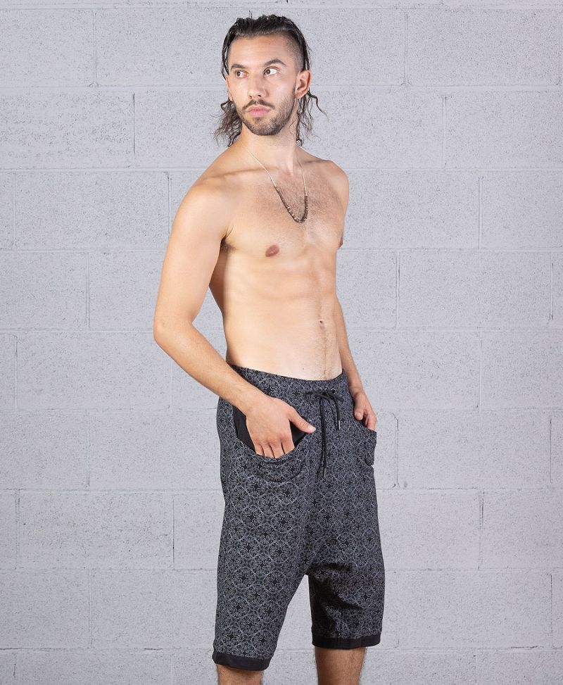 men yoga shorts black psychedelic print