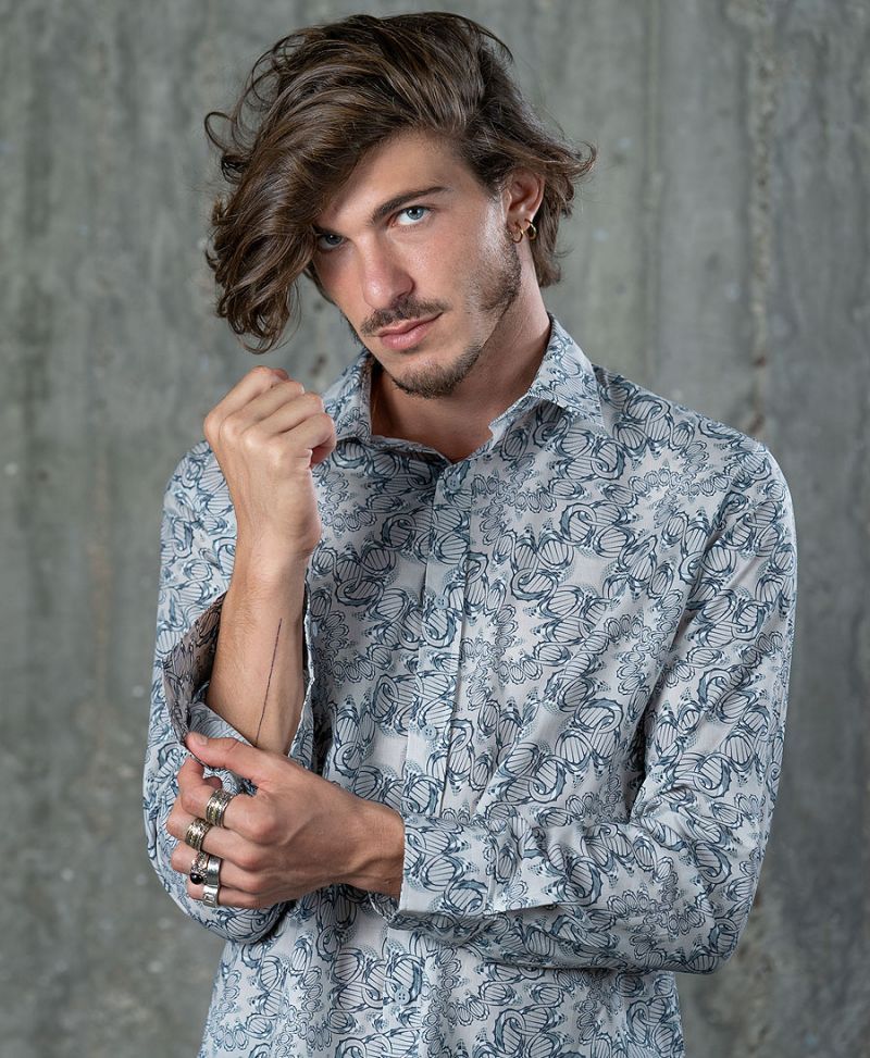 dna pattern long sleeve button down shirt for man