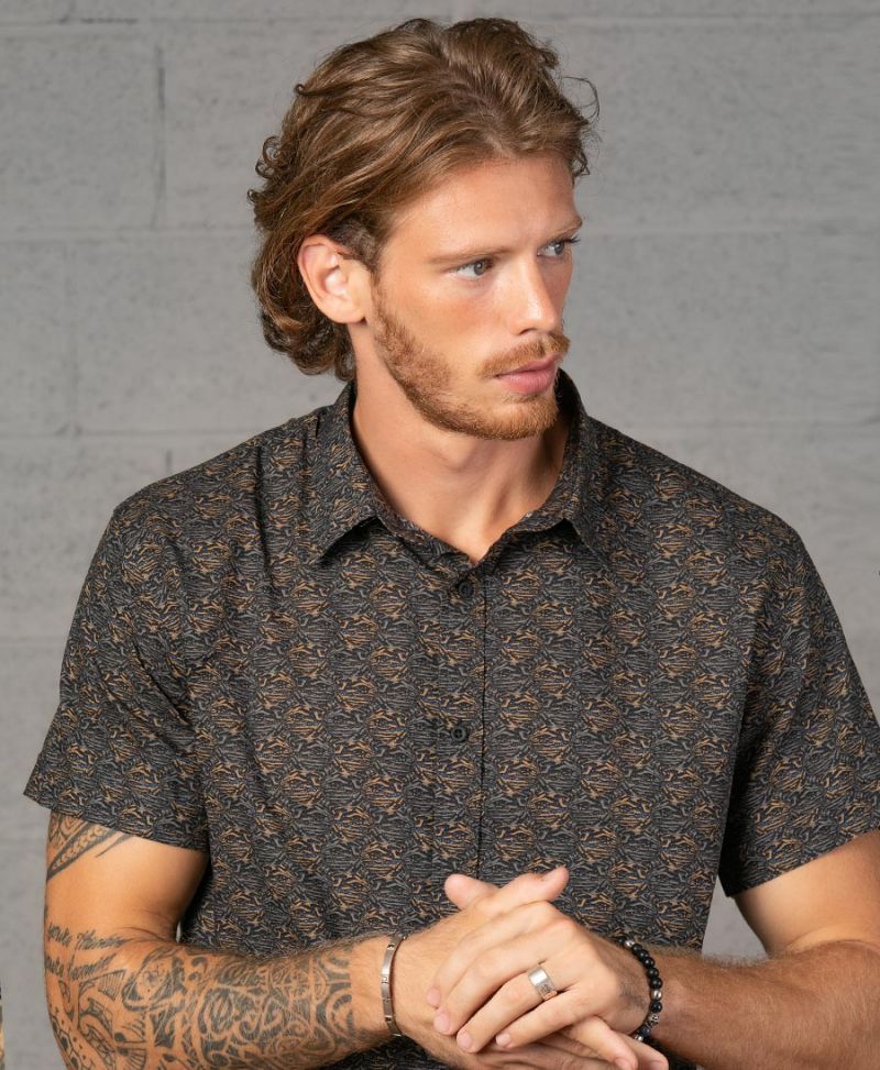 Alternative Men Button Down Button Up Shirt Peach Seed Print