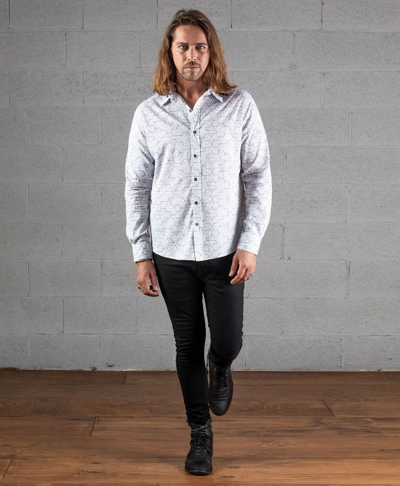 White long sleeve men button up shirt geo print  