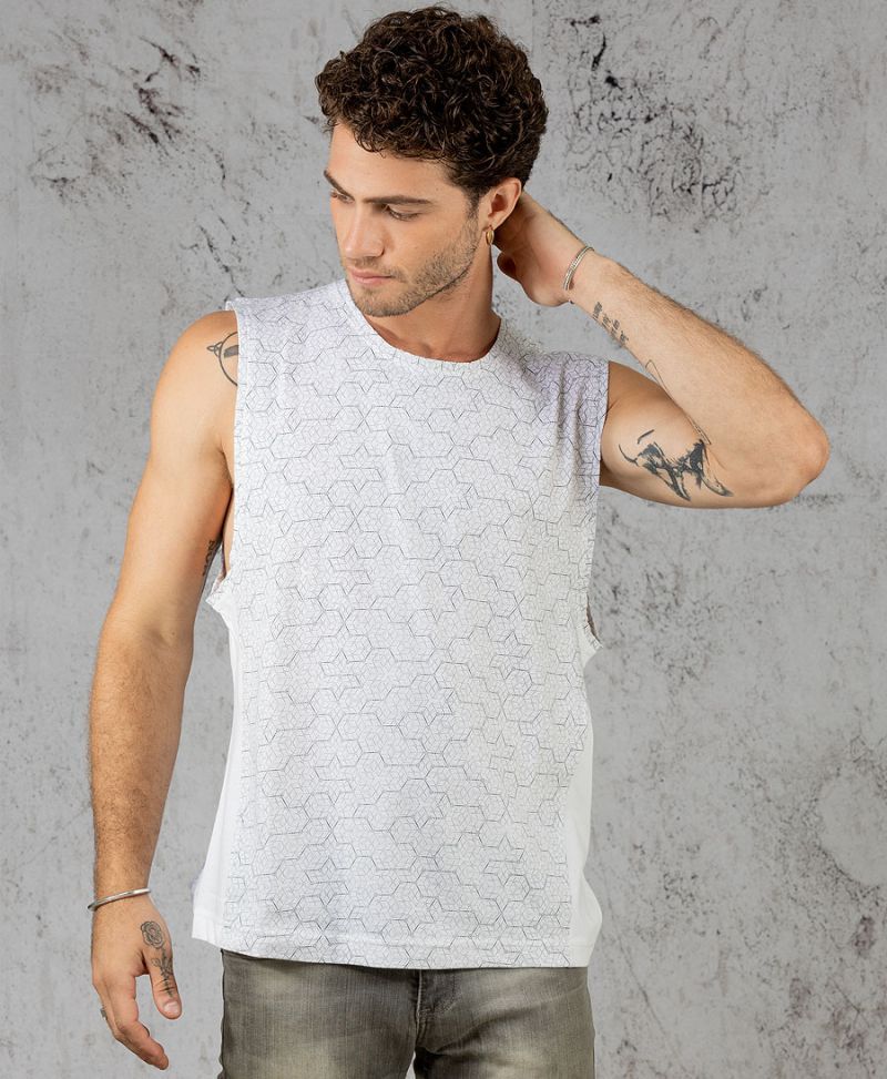 geometric print white tank top for men