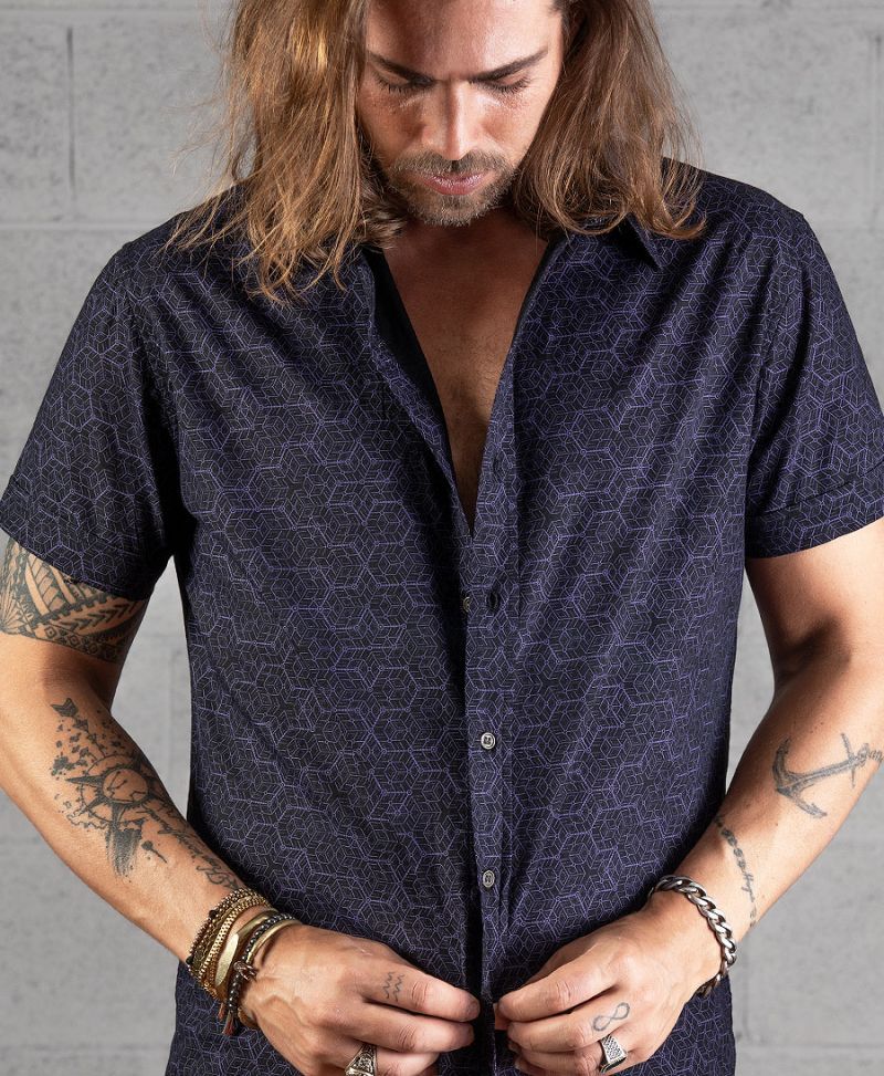 psychedelic men button up shirt geo print