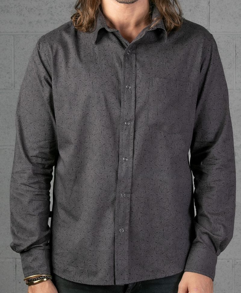 long sleeve grey button down shirt geo print
