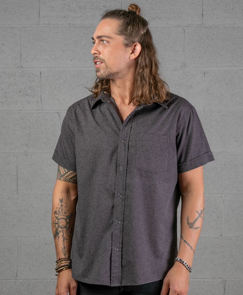 men button up shirt short sleeve grey texture 