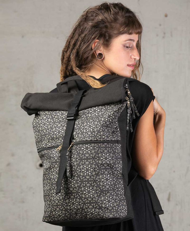 psychedelic travel backpack roll top canvas vegan bag unisex 