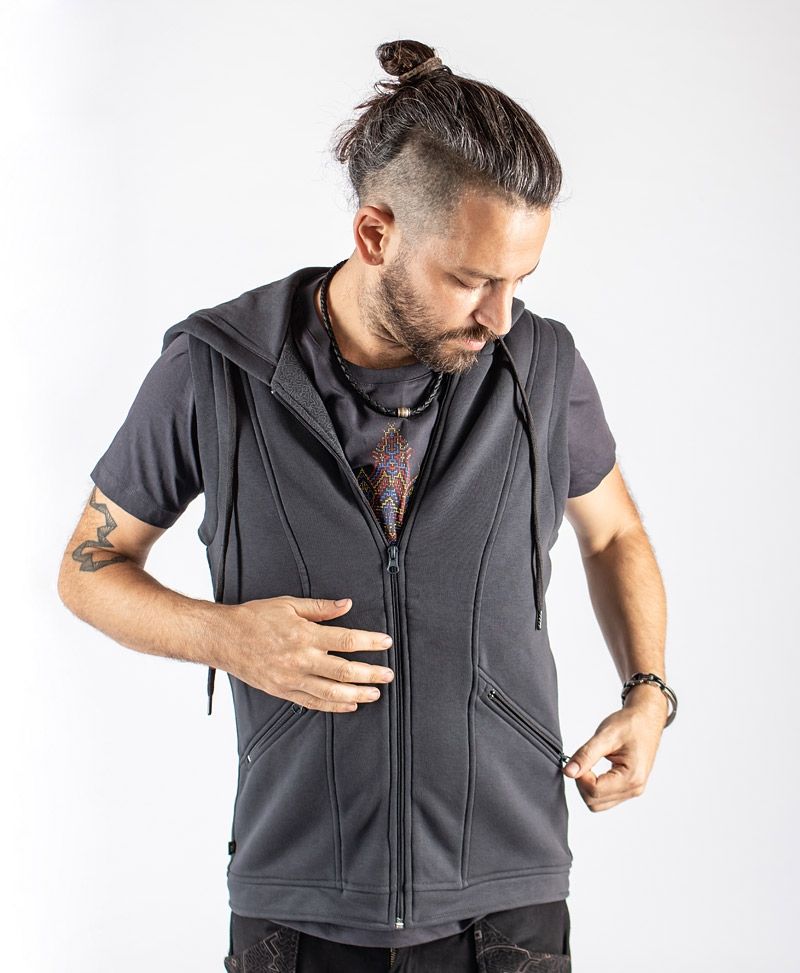 Rave Psy trance Festival Wear hooded Hood Vest With Mandala Print Mens Vest Glow In The Dark Clothing Grey Vest Jacket
