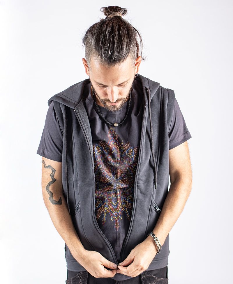 Rave Psy trance Festival Wear hooded Hood Vest With Mandala Print Mens Vest Glow In The Dark Clothing Grey Vest Jacket