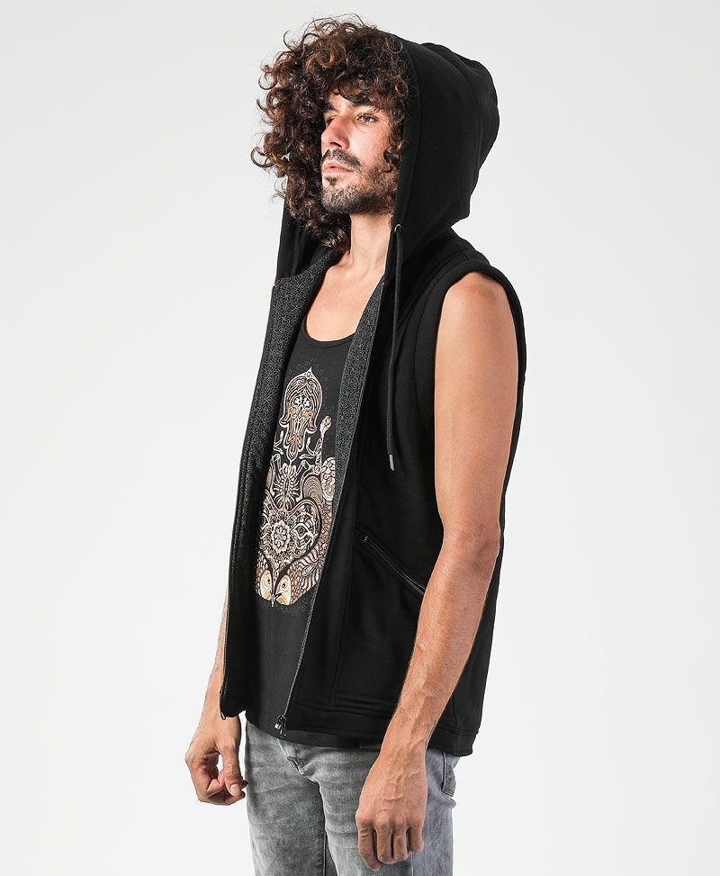 psychedelic clothing mens hamsa hood vest black