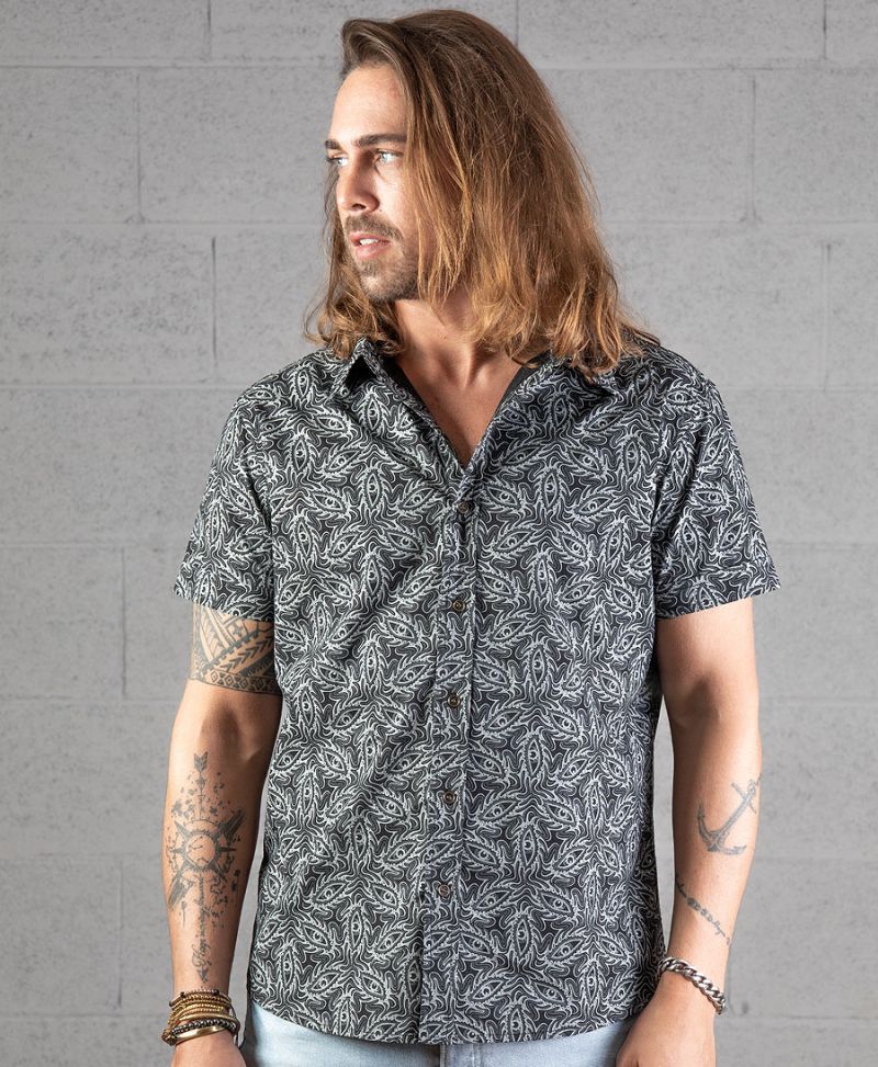 psychedelic button up black shirt for men 