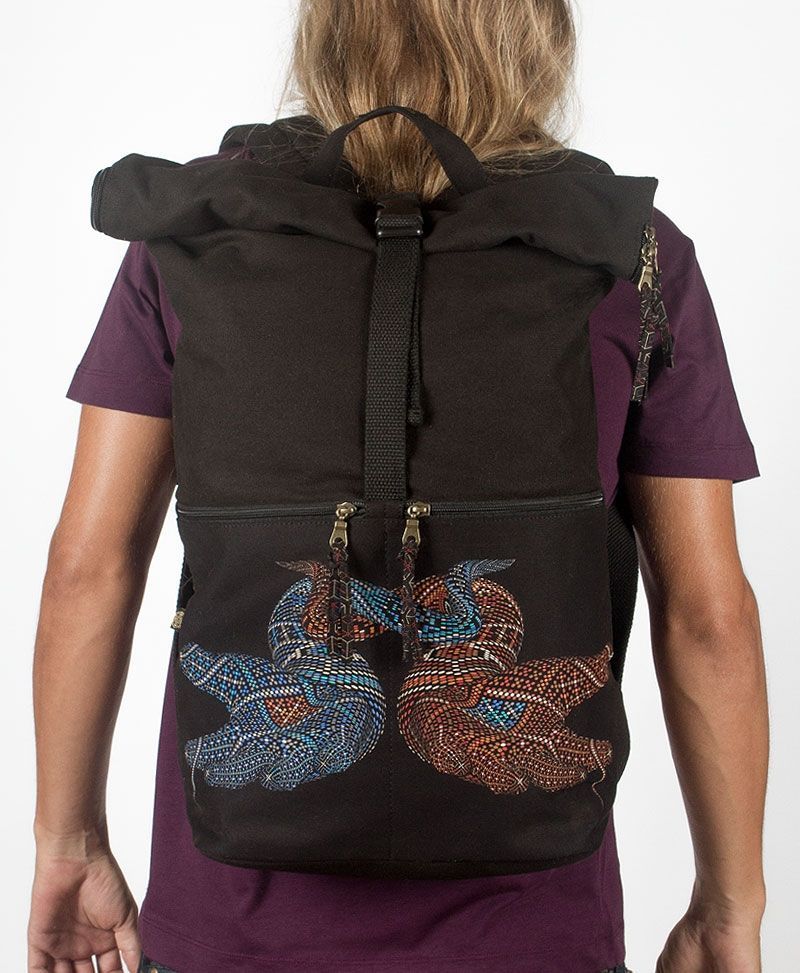 psy trance canvas roll top backpack for laptop Black Travel Back Pack