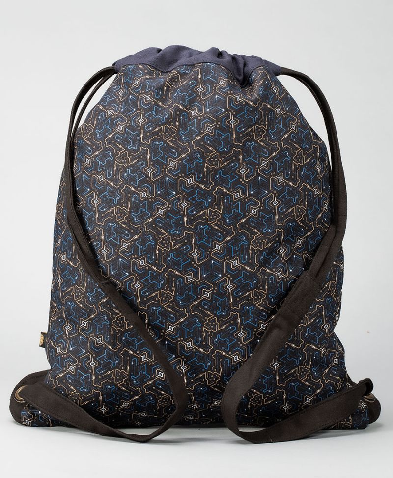 Geometric Drawstring Backpack Canvas Women Sack Bag Blue 
