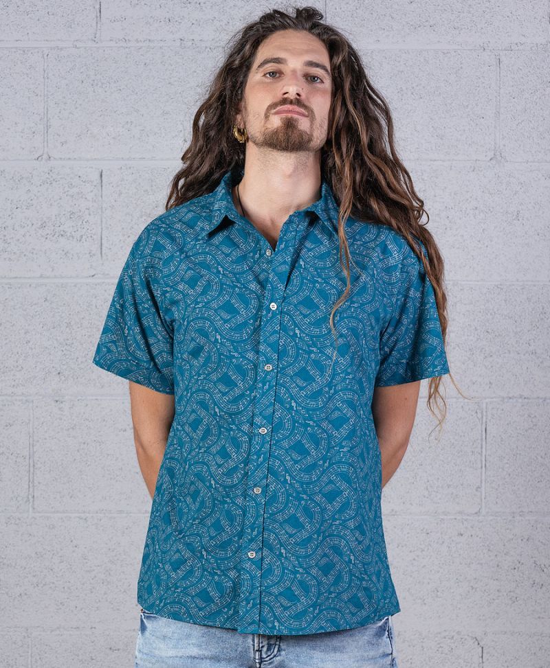 Musical Notes Men Button Down Shirt Turquoise Button Up 