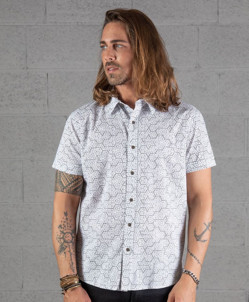 white button up shirt for men geometric pattern