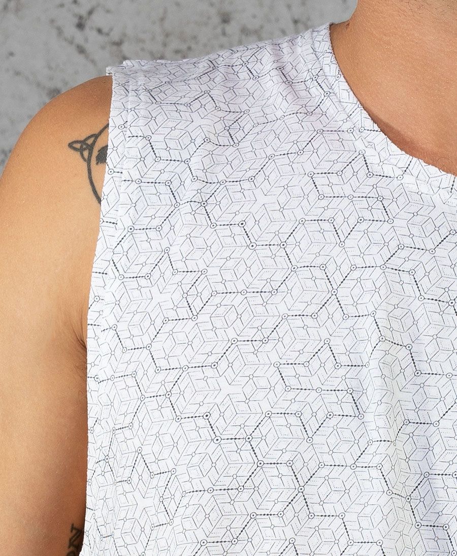 geometric print white tank top for men