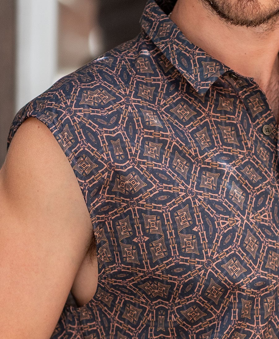 geometric brown sleeveless button up shirt 