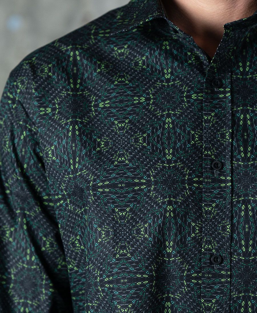 trippy print long sleeve men button up shirt green