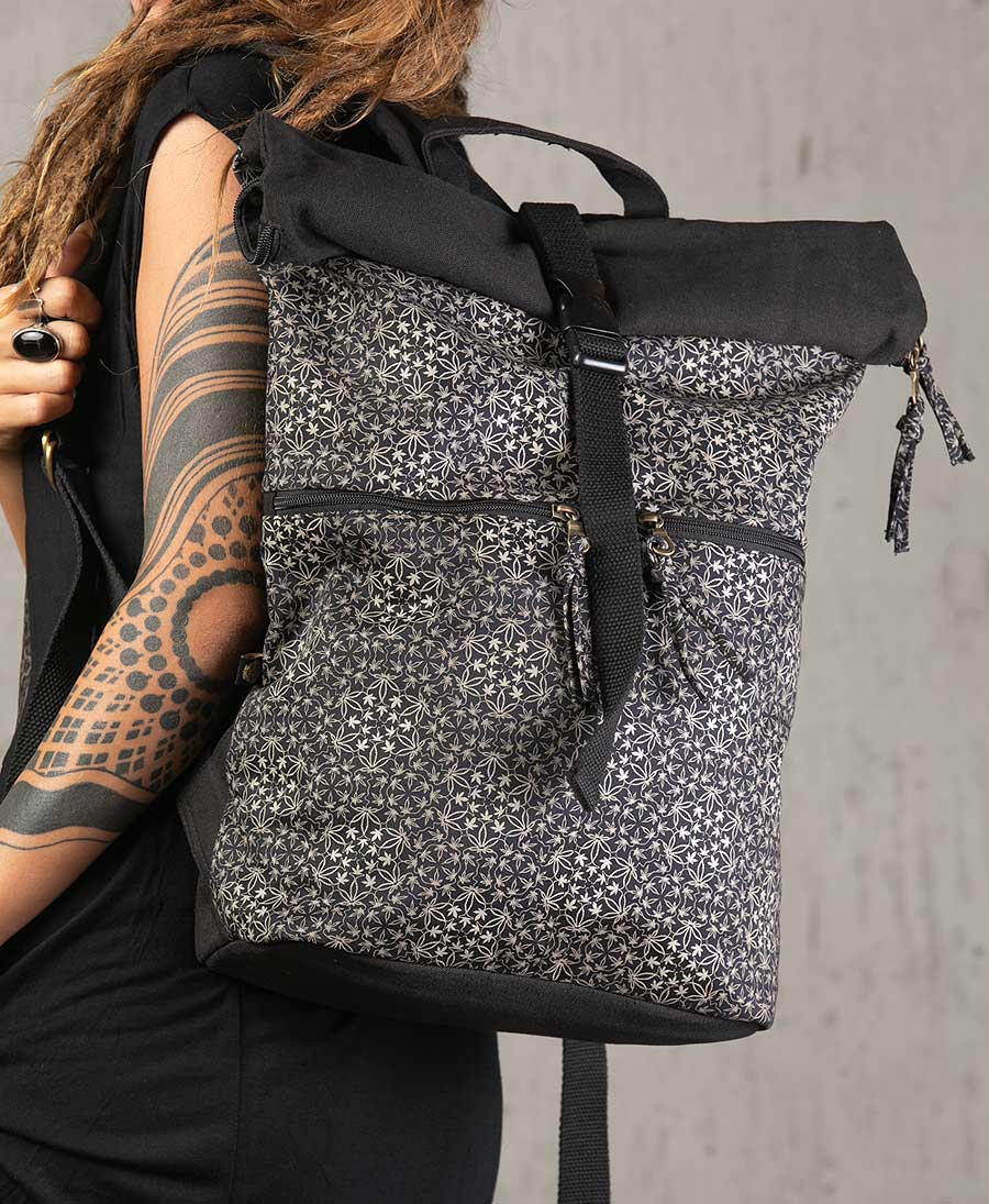 psychedelic travel backpack roll top canvas vegan bag unisex 