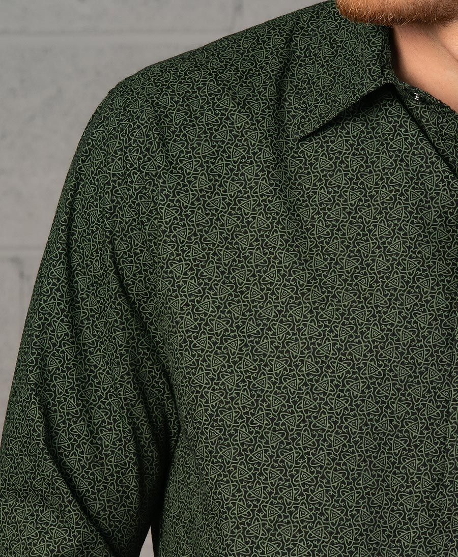 long button up men shirt celtic print dark green