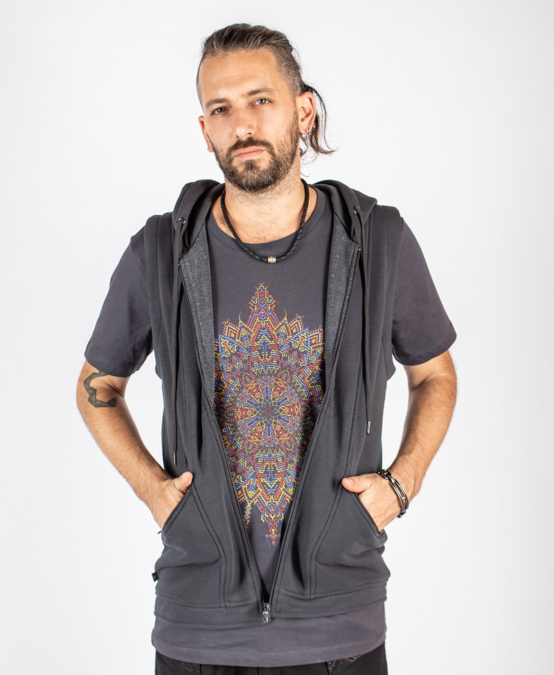 Rave Psy trance Festival Wear hooded Hood Vest With Mandala Print Mens Vest Glow In The Dark Clothing Grey Vest Jacket