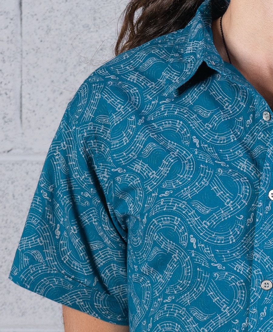 Musical Notes Men Button Down Shirt Turquoise Button Up 