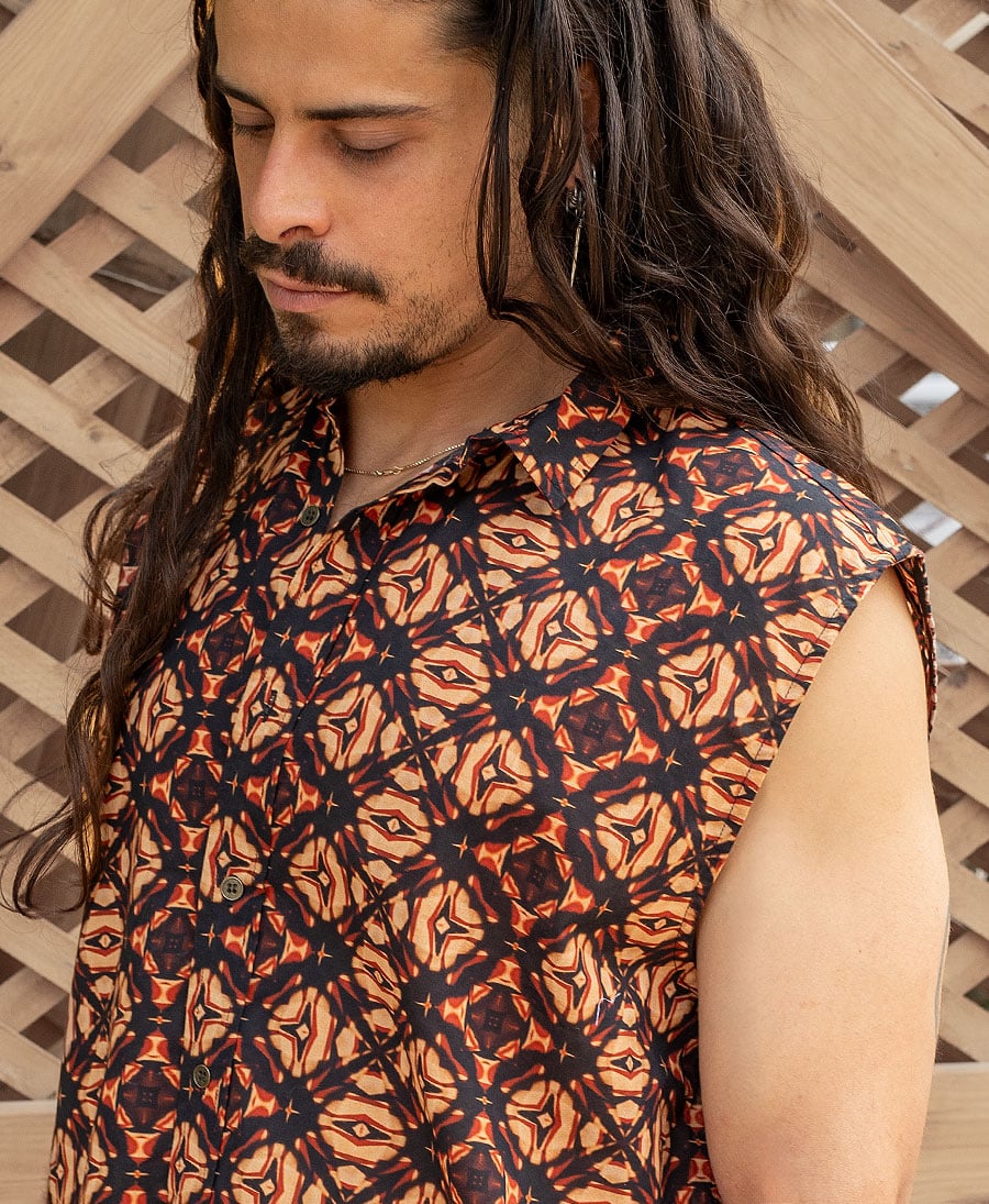 brown printed button up sleeveless shirt