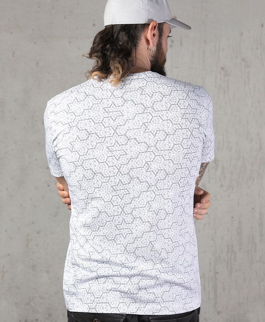 men white t shirt hexagon geo full print urban streetwear