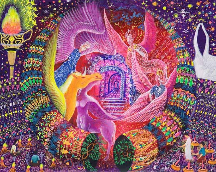 psychedelic-shirt-trance-festival-clothing-sol-seed-of-life-Unicornio-Dorado-Painting-by-Pablo-Amaringo