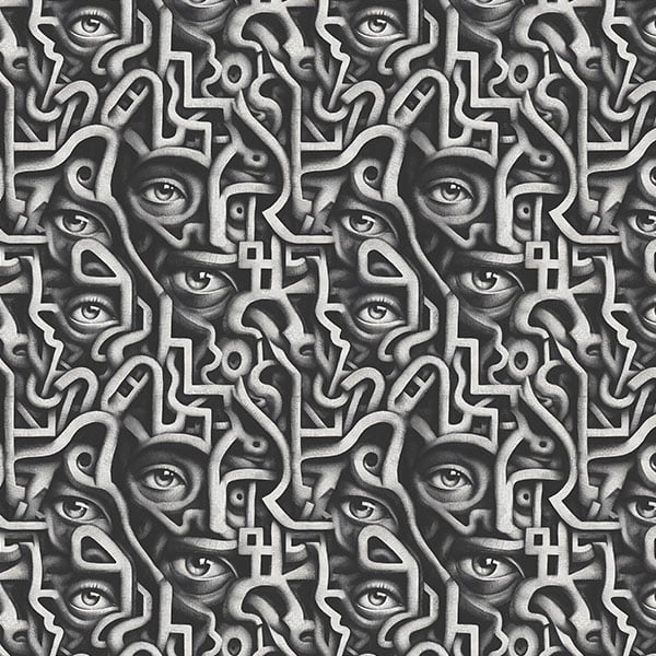 AMAZEYES — seamless psychedelic pattern of a maze of open eyes, printed on 12 pieces Seed of Life