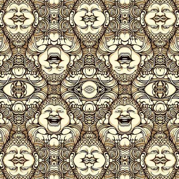 BUDHI — seamless psychedelic pattern of the laughing Buddha, printed on 3 pieces Seed of Life