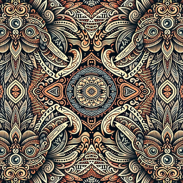 OWLIN — seamless psychedelic pattern of a tribal owl mandala, printed on 11 pieces Seed of Life