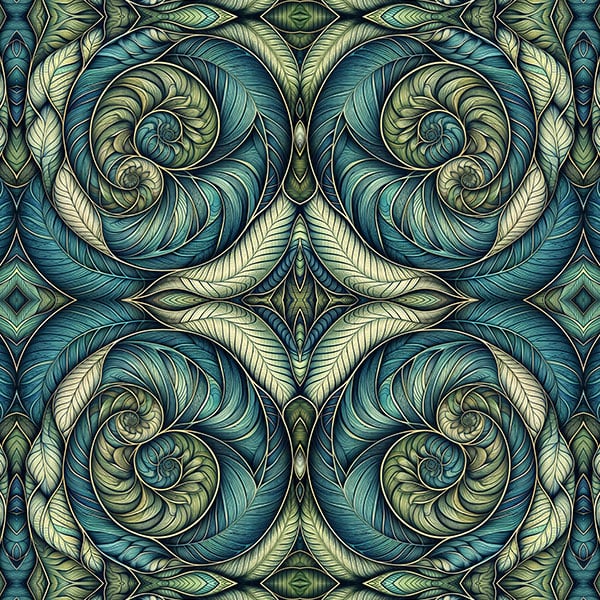 SPIRALEAVES — seamless psychedelic pattern of spiralling leaves, printed on 11 pieces Seed of Life