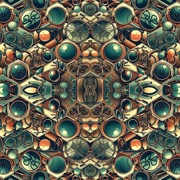 SUNCLE — seamless psychedelic pattern of sunglasses and bicycles, printed on 13 pieces Seed of Life